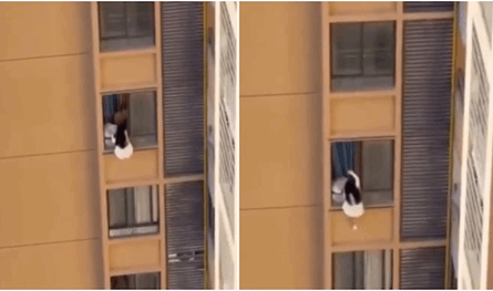 من شرفة الطابق العاشر.. امرأة تتدلّى هرباً من زوجة عشيقها شاهدوا الفيديو
