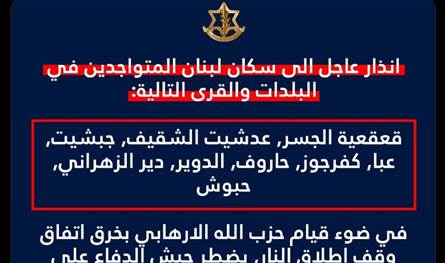 انذار إسرائيلي جديد الى سكان هذه البلدات